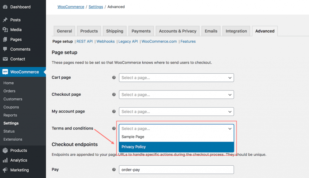 GDPR terms and conditions in WooCommerce settings