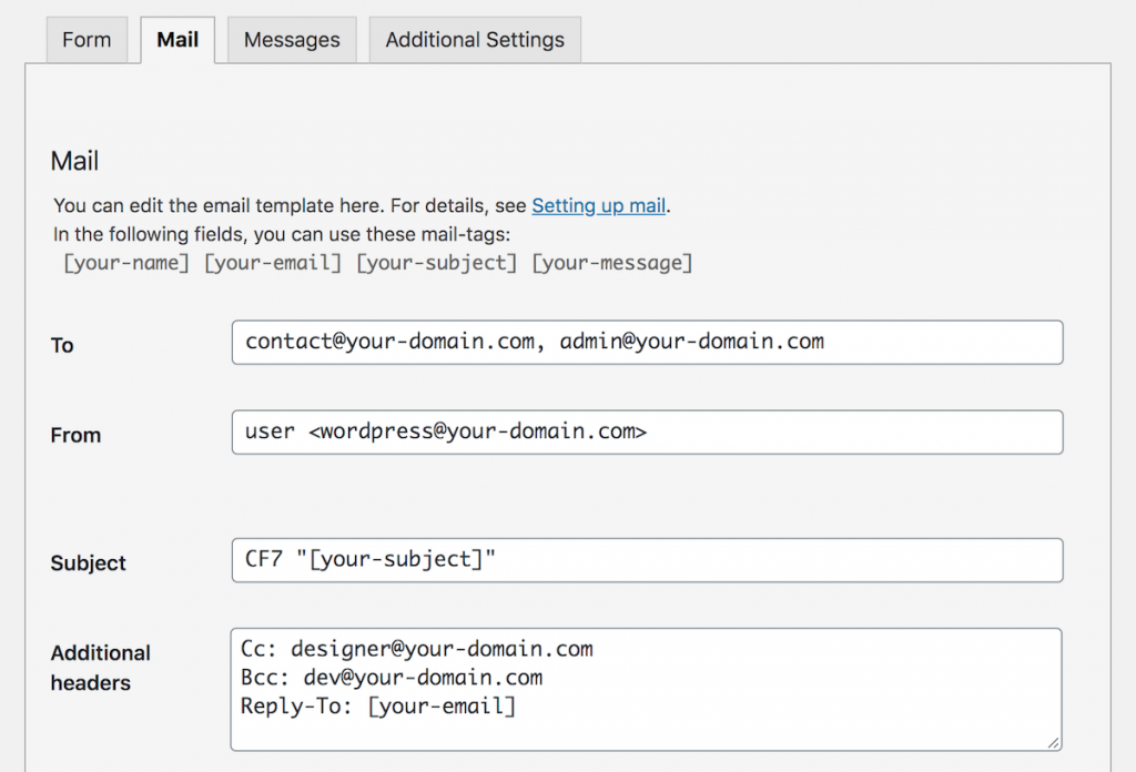 Contact form 7 Mail settings for multiple recipients