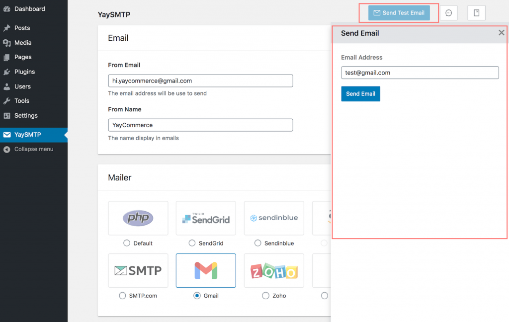 WP Mail SMTP - YaySMTP Send test email in the same page