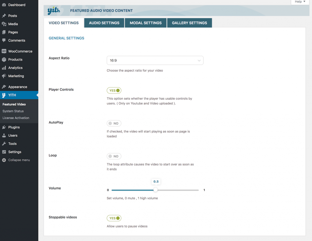 YITH WooCommerce Featured Audio and Video - Plugin Settings