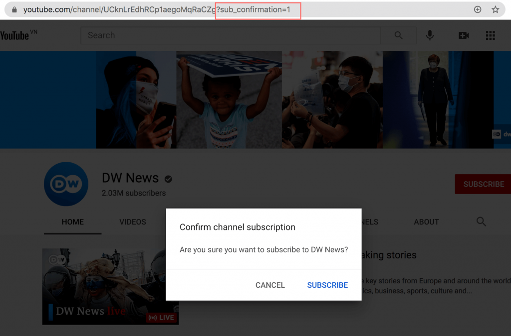 A YouTube popup with the subscription confirmation message