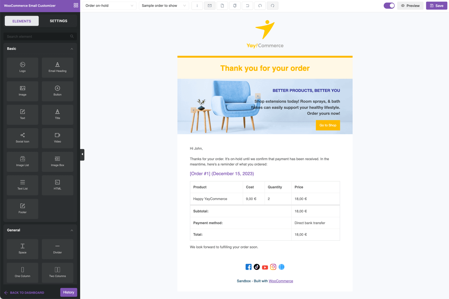 Previewing Order confirmation email in Email Customizer