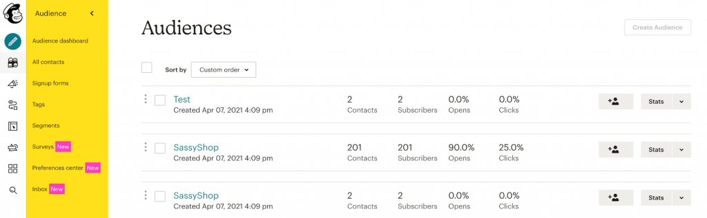 Audiences in Mailchimp dashboard