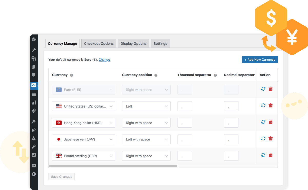 Managing WooCommerce currency switcher with USD HKD JPY GBP