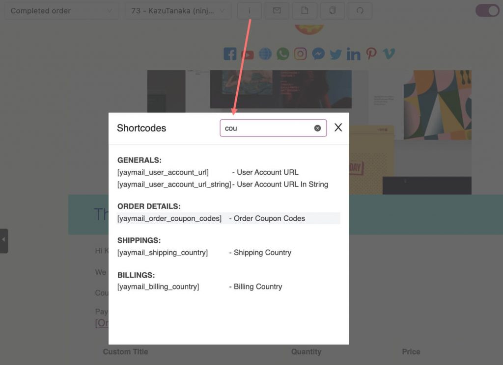 Inserting order coupon code shortcode in YayMail builder