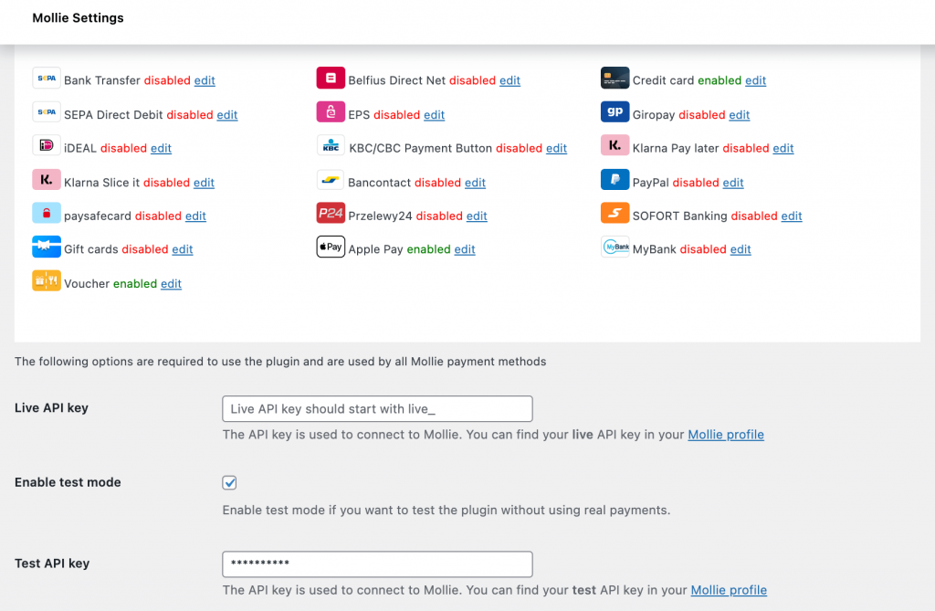 Mollie payment methods settings