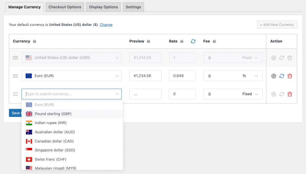 Add new currency like EUR, GBP, etc. to WooCommerce