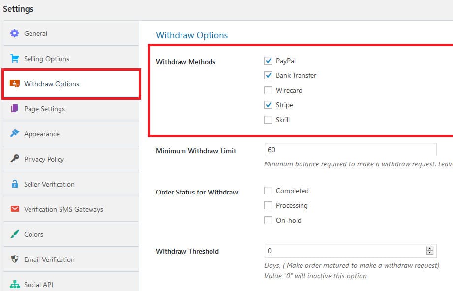 Dokan withdrawal options