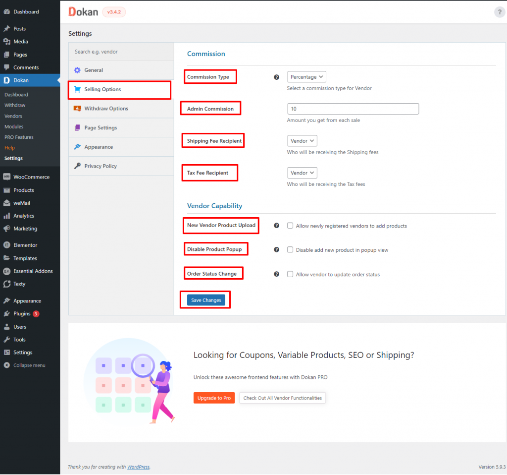 Selling options and commission types built in Dokan plugin