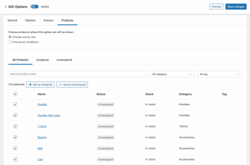 Assign the product options to selected products