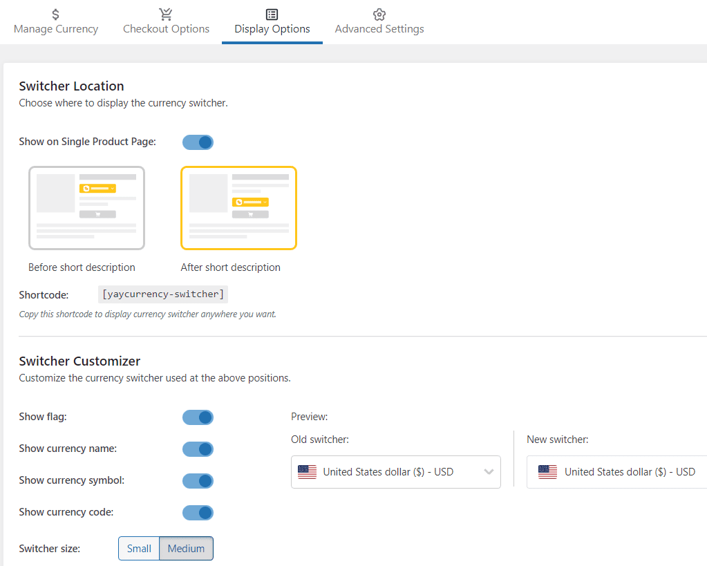 Display currency switcher on WooCommerce product page