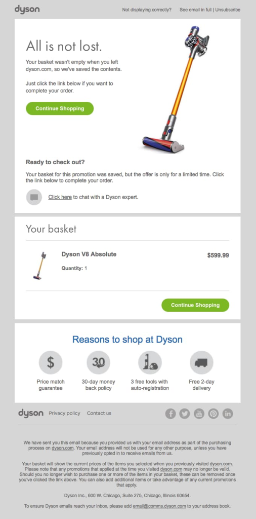 WooCommerce recover abandoned cart email example dyson