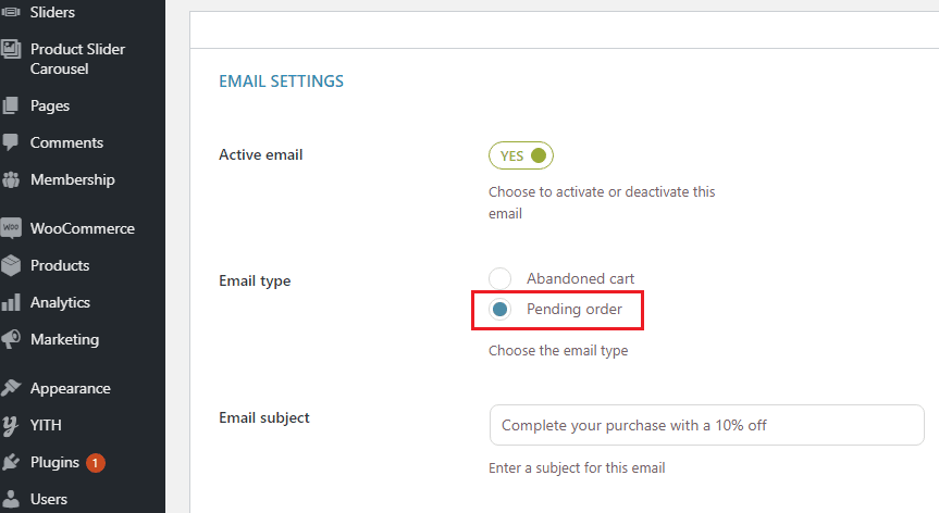 email type pending order in yith recover abandoned cart