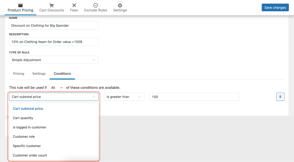 set the condition logic for the dynamic Pricing and Discount Rule