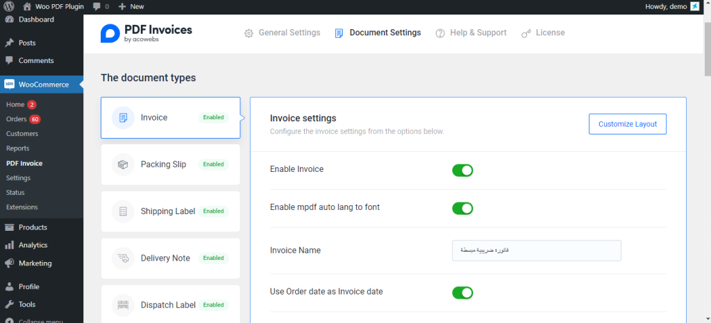 Generate woocommerce pdf invoices & packing slips in invoices settings