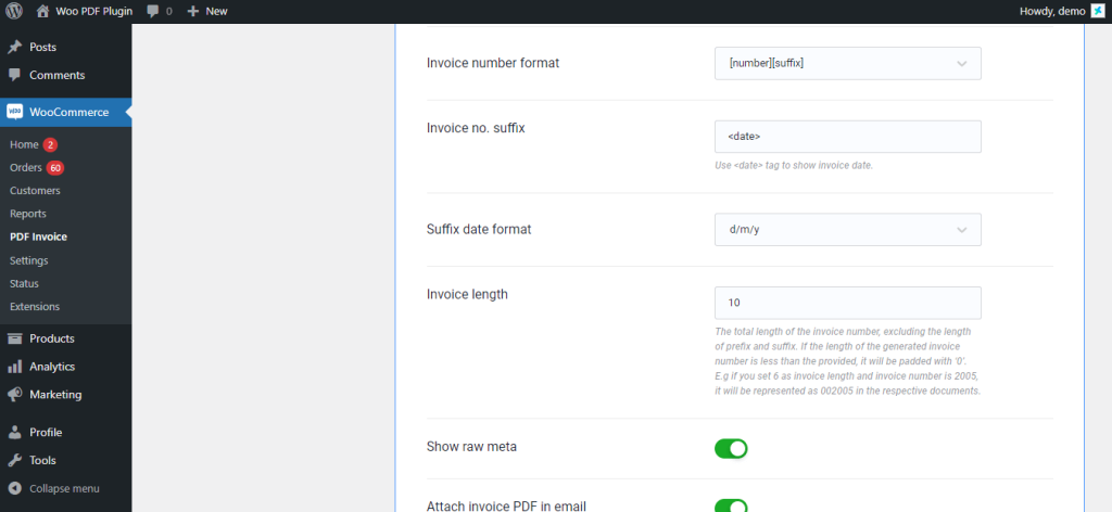 Invoice format options in WordPress dashboard