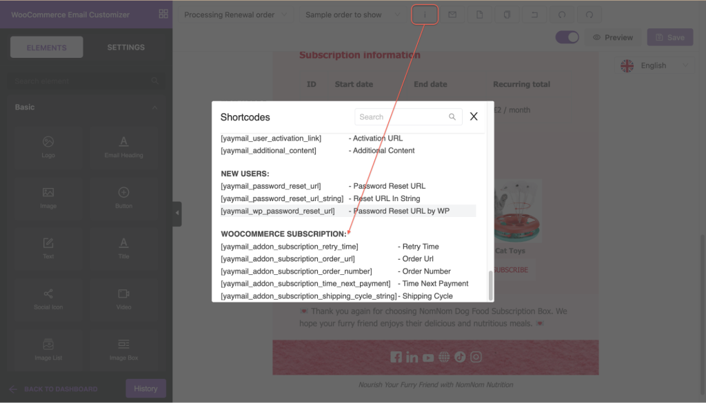 WooCommerce subscriptions emails shortcodes variables
