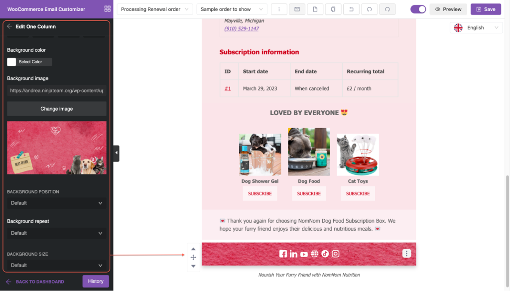 edit footer social media block in WooCommerce email