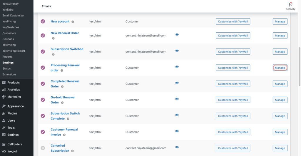 manage built in WooCommerce subscriptions emails