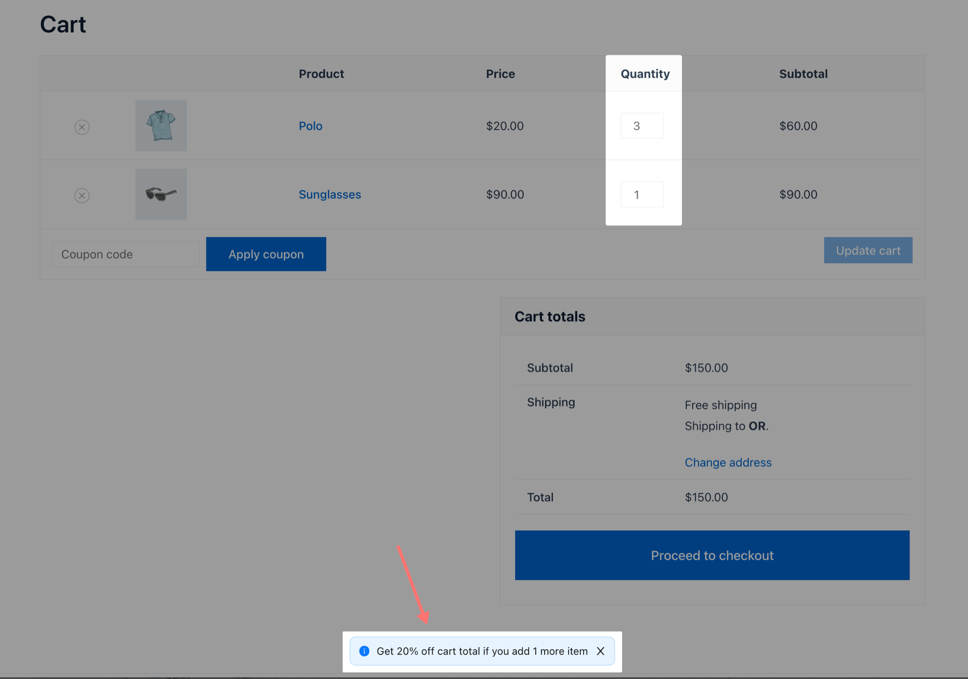 Upselling notice of buying more to get discount on cart