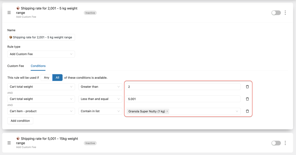 apply suitable conditions for weigh-based shipping rule