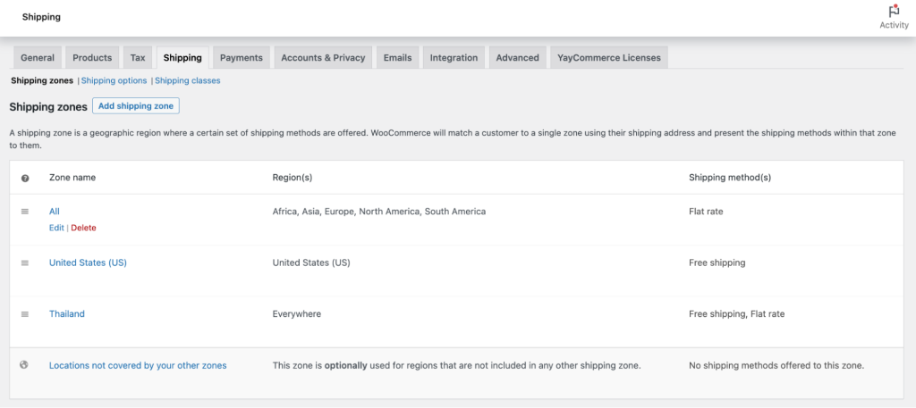 shipping zones on WooCommerce setting