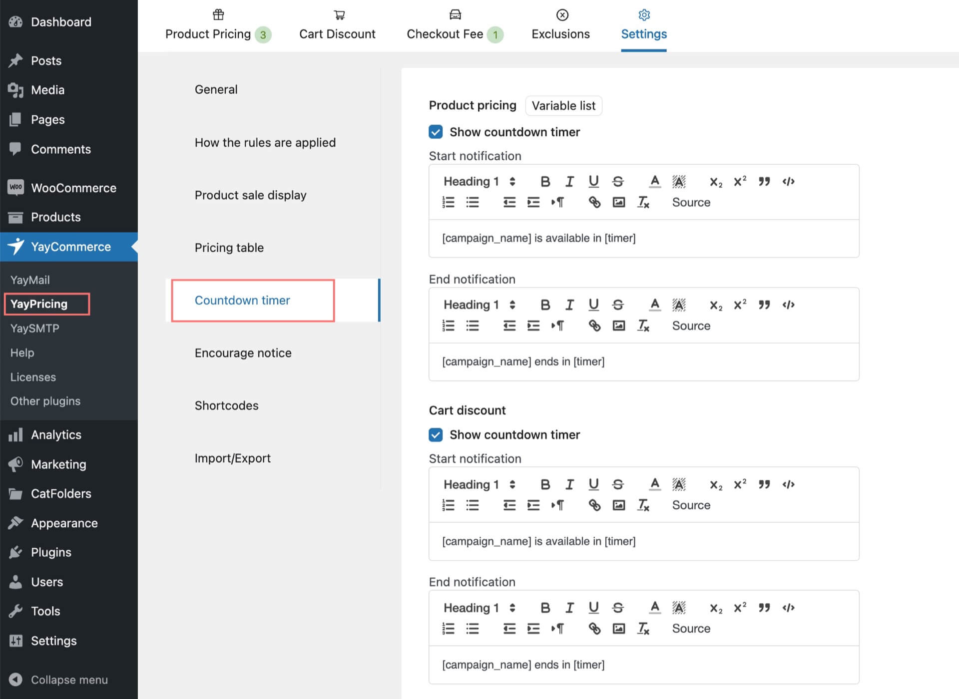 Countdown timer settings