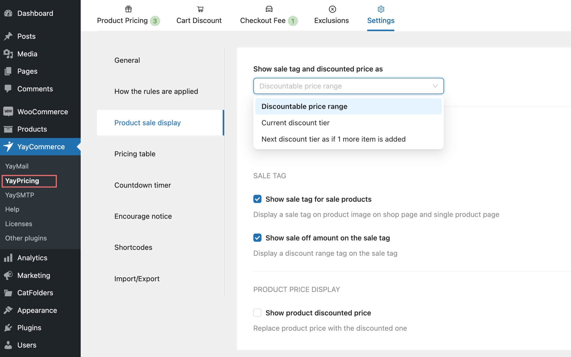 Product sale badge and price display settings