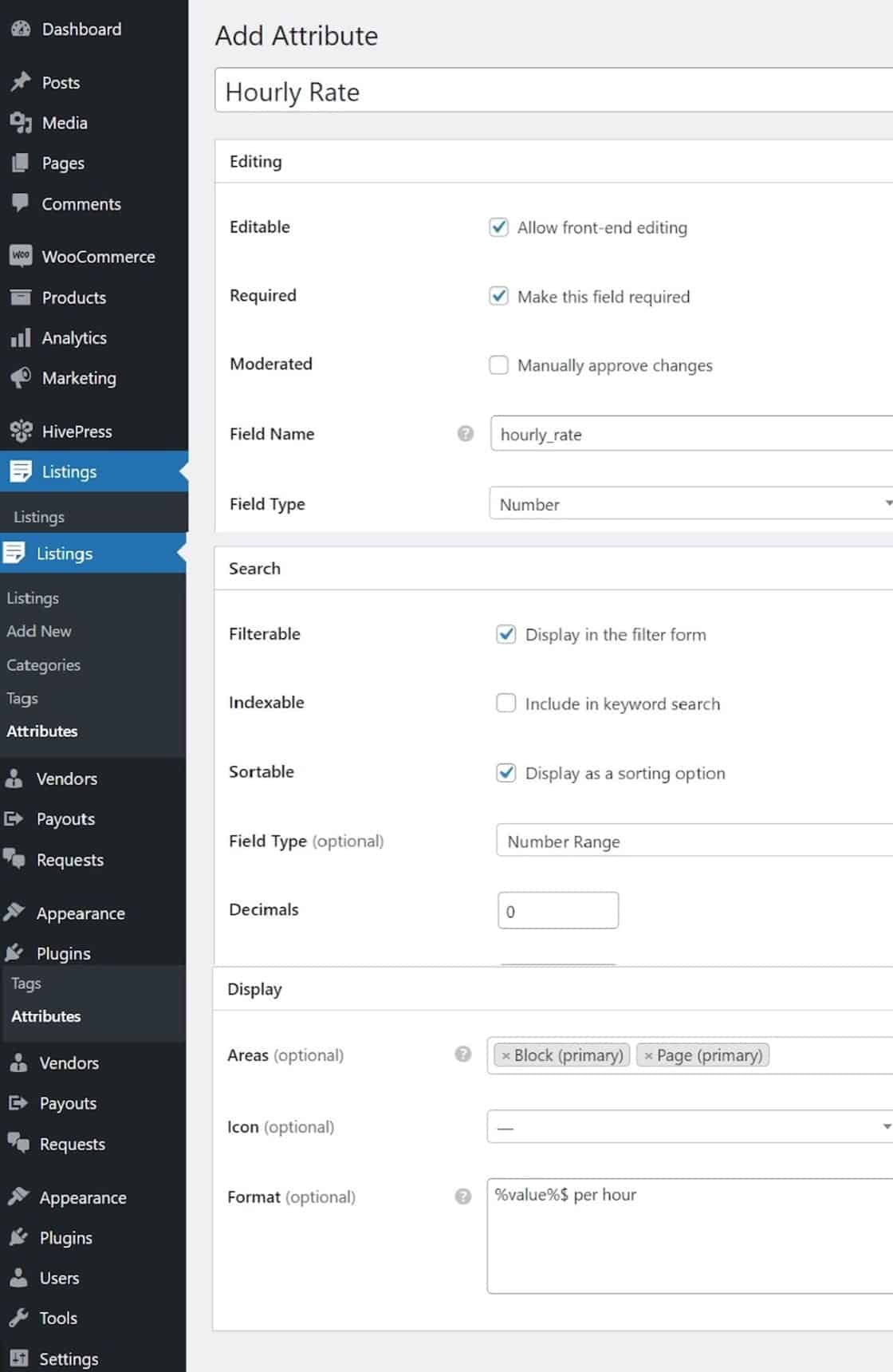 Display listing attributes in WordPress