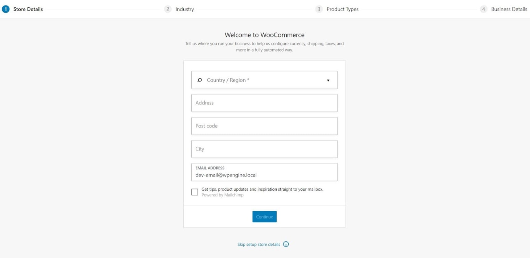 WooCommerce setup page