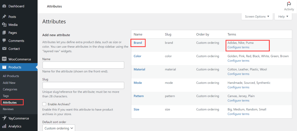 Create new attributes by adding name, slug, sort order and configuring terms