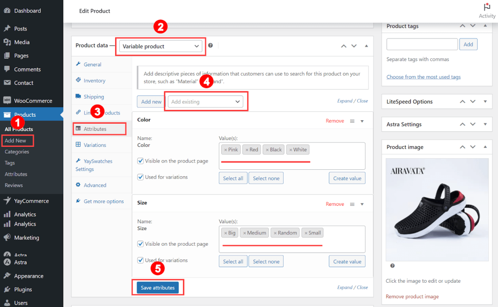 Create Variable product by add new/existing attributes