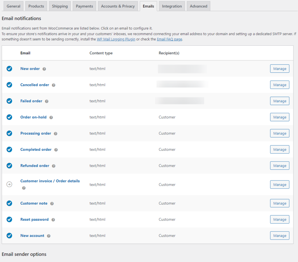 WooCommerce email settings