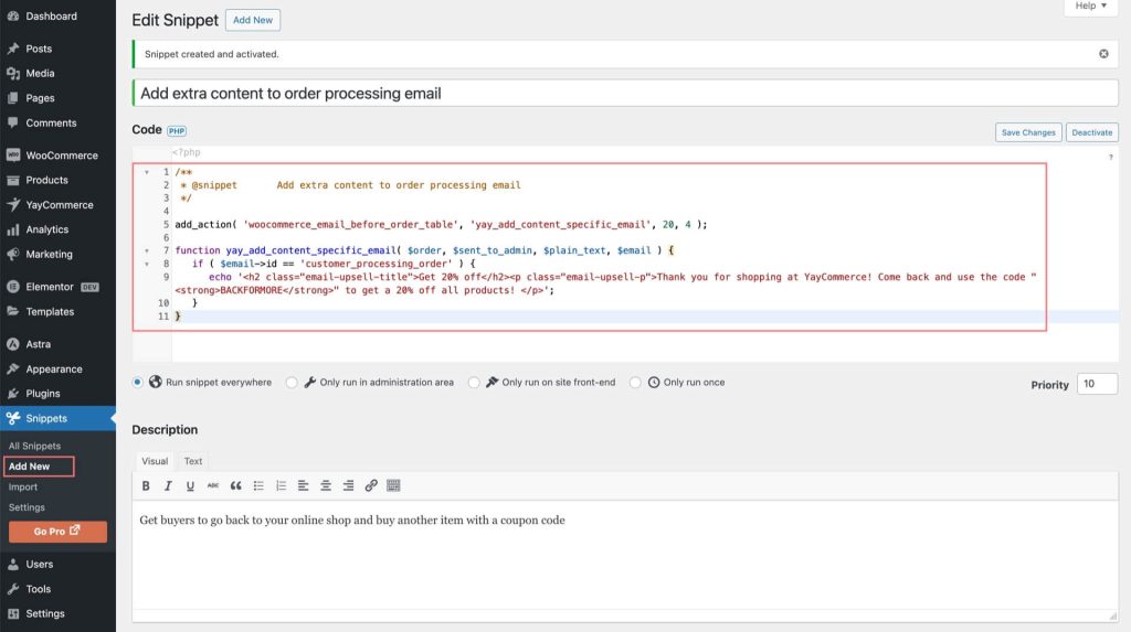 Insert WooCommerce email php snippet with Code Snippets plugin