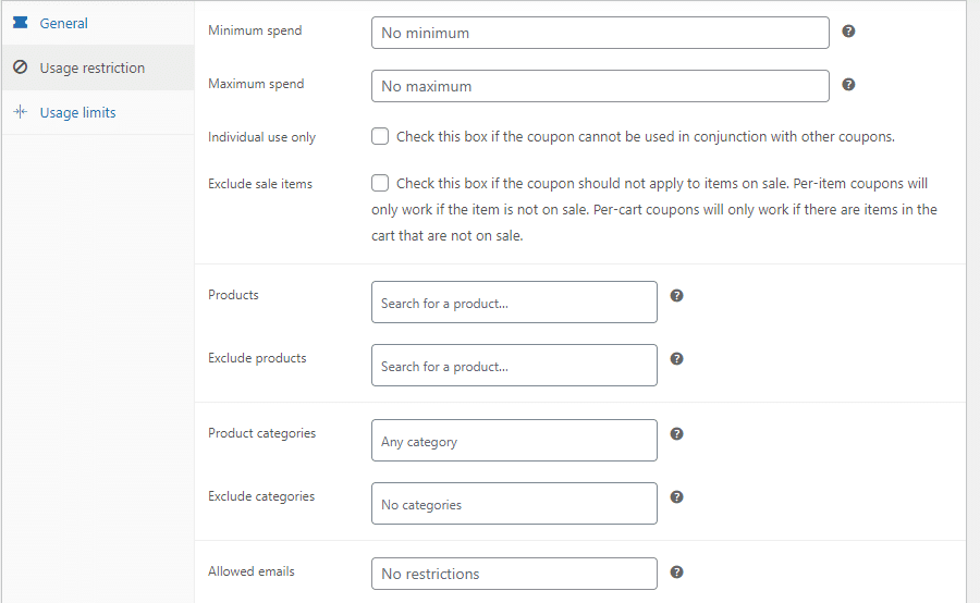 usage restrictions - woocommerce coupon code generator