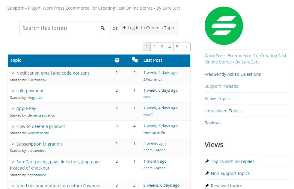 WordPress support forum - SureCart review